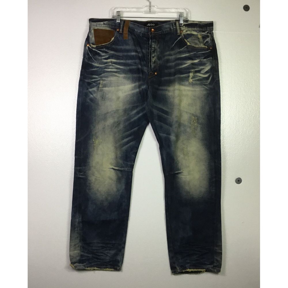 Akoo Mens Jeans Size 44X34 Big Oak Fit Blue distressed Denim StreetWear Slim Fit